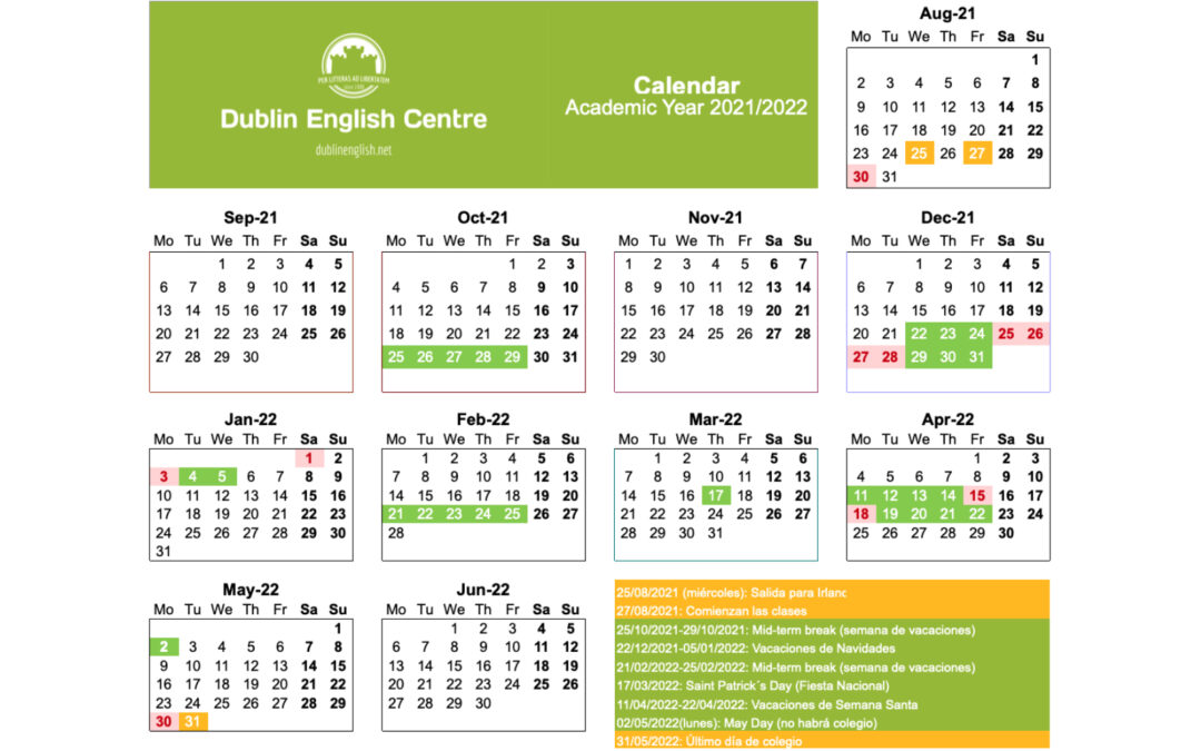 Calendario año escolar Irlanda 2021/2022