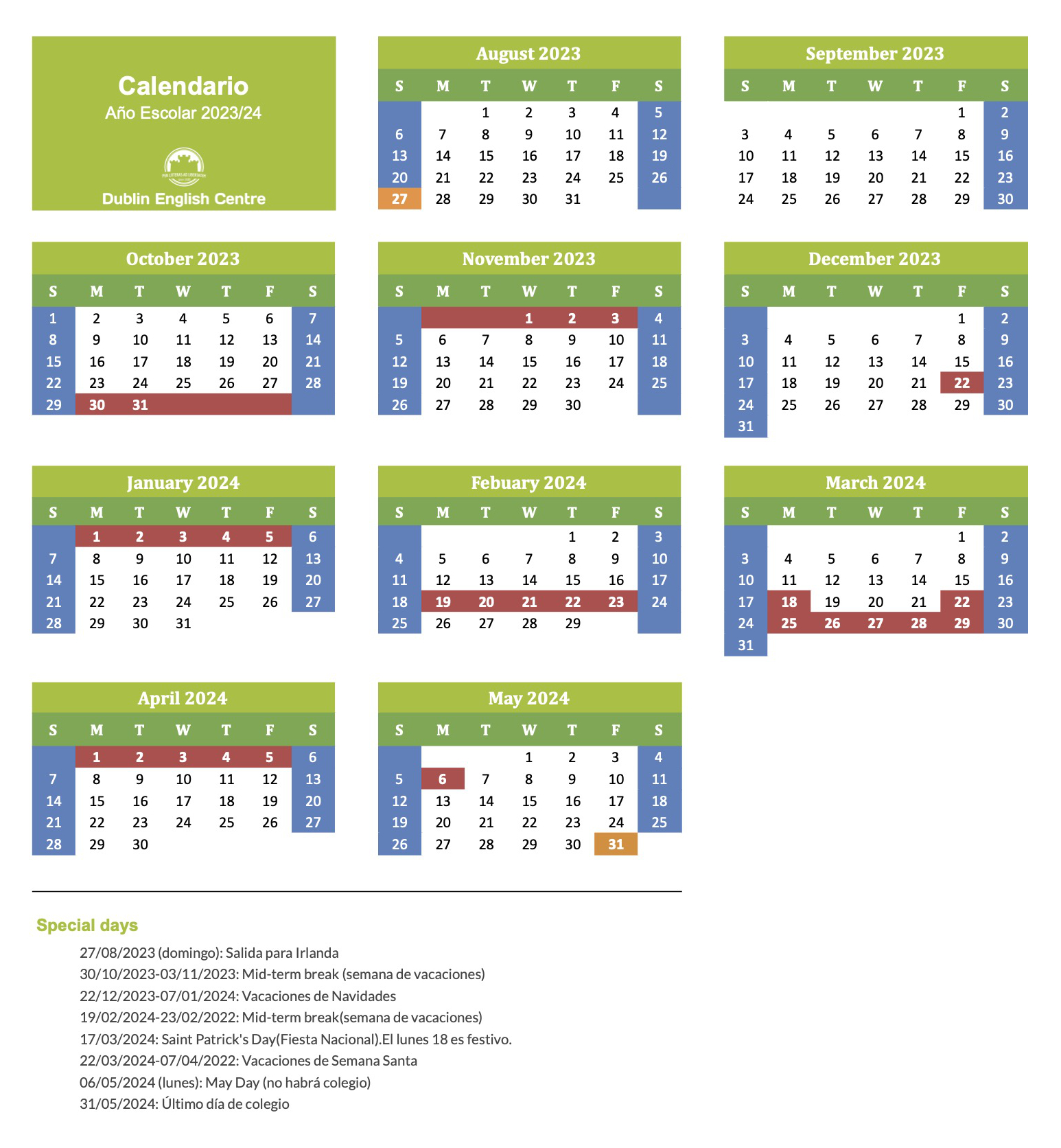 Calendario escolar Irlanda 2023/2024 con fechas exactas. Vacaciones.