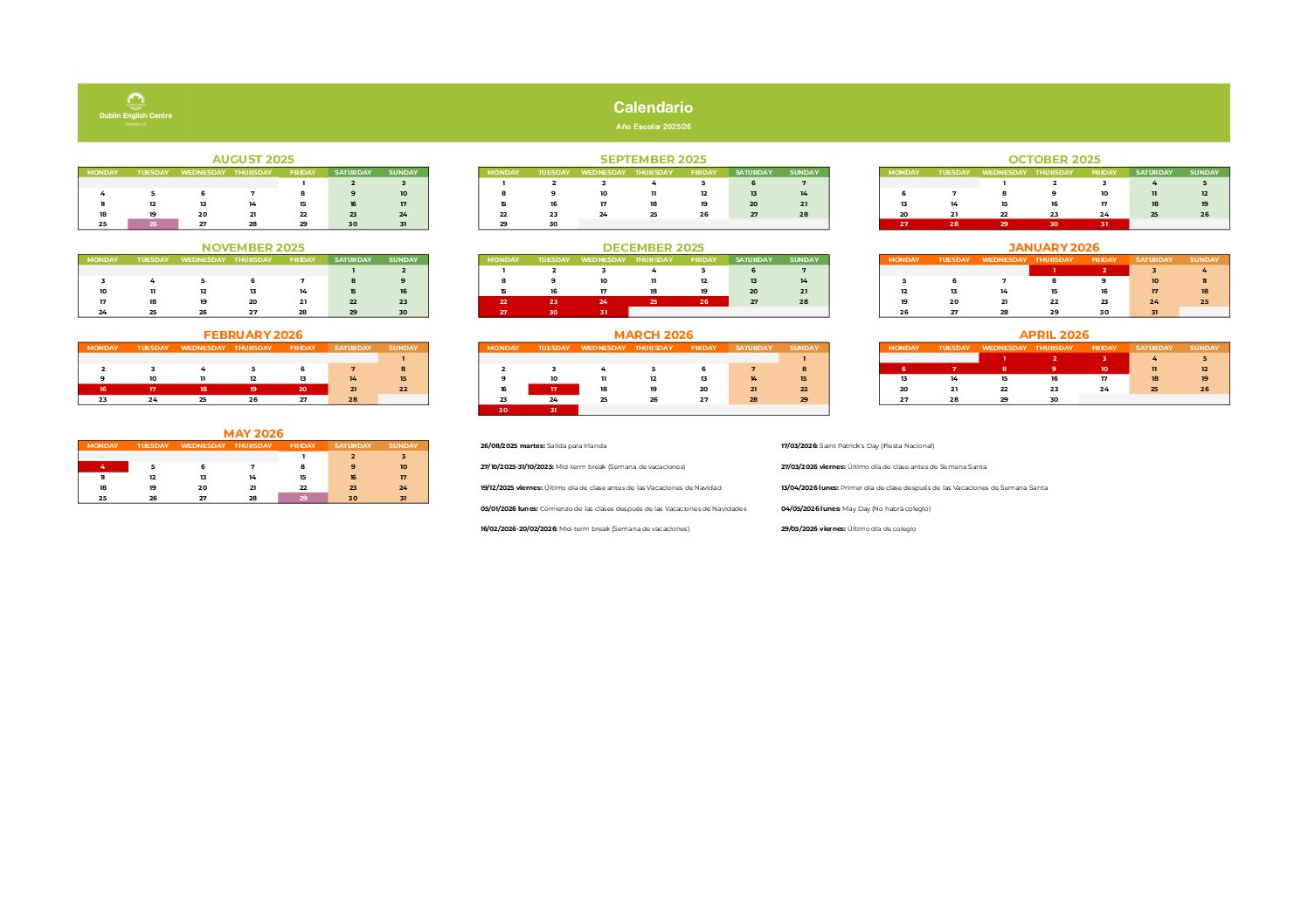 Calendario escolar Irlanda 20252026 Dublin English Centre